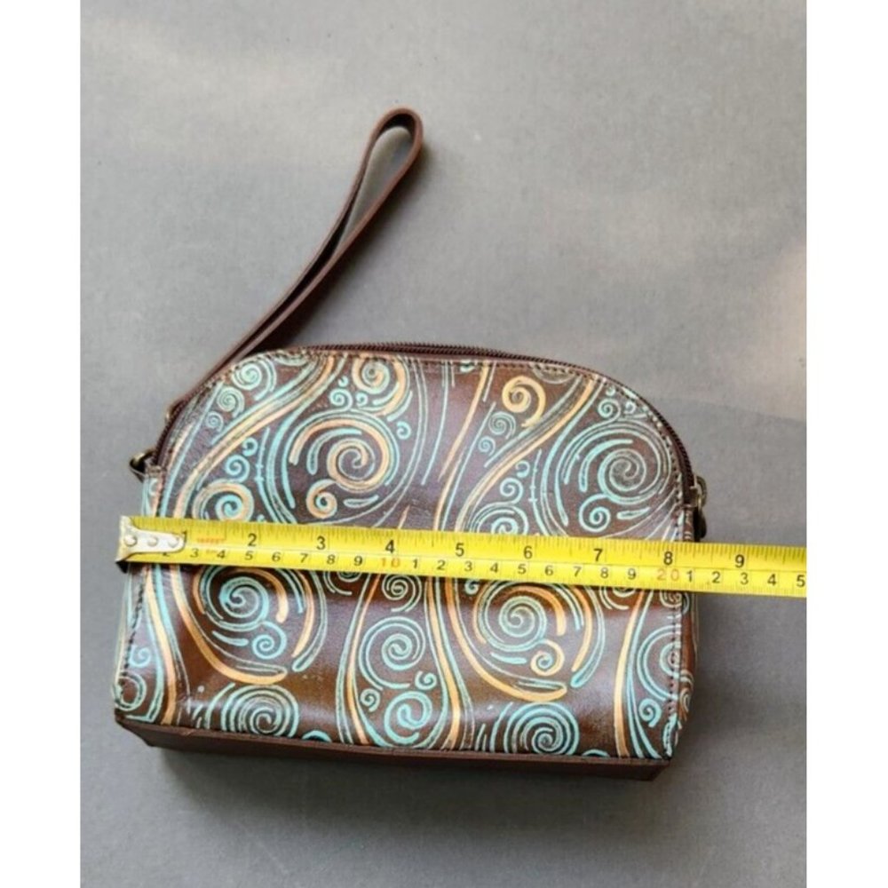 Anuschka Twin Top Wallet Wrislet Organizer Makeup Bag Tooled Waves Small Purse - Picture 4 of 16